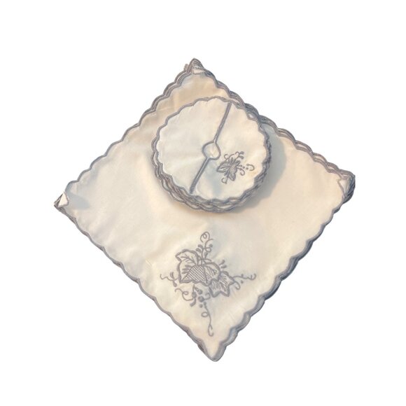 Vintage Linen Cocktail Napkins Wine Coasters Set 12 Gray Embroidery Estate NEW - Picture 1 of 4